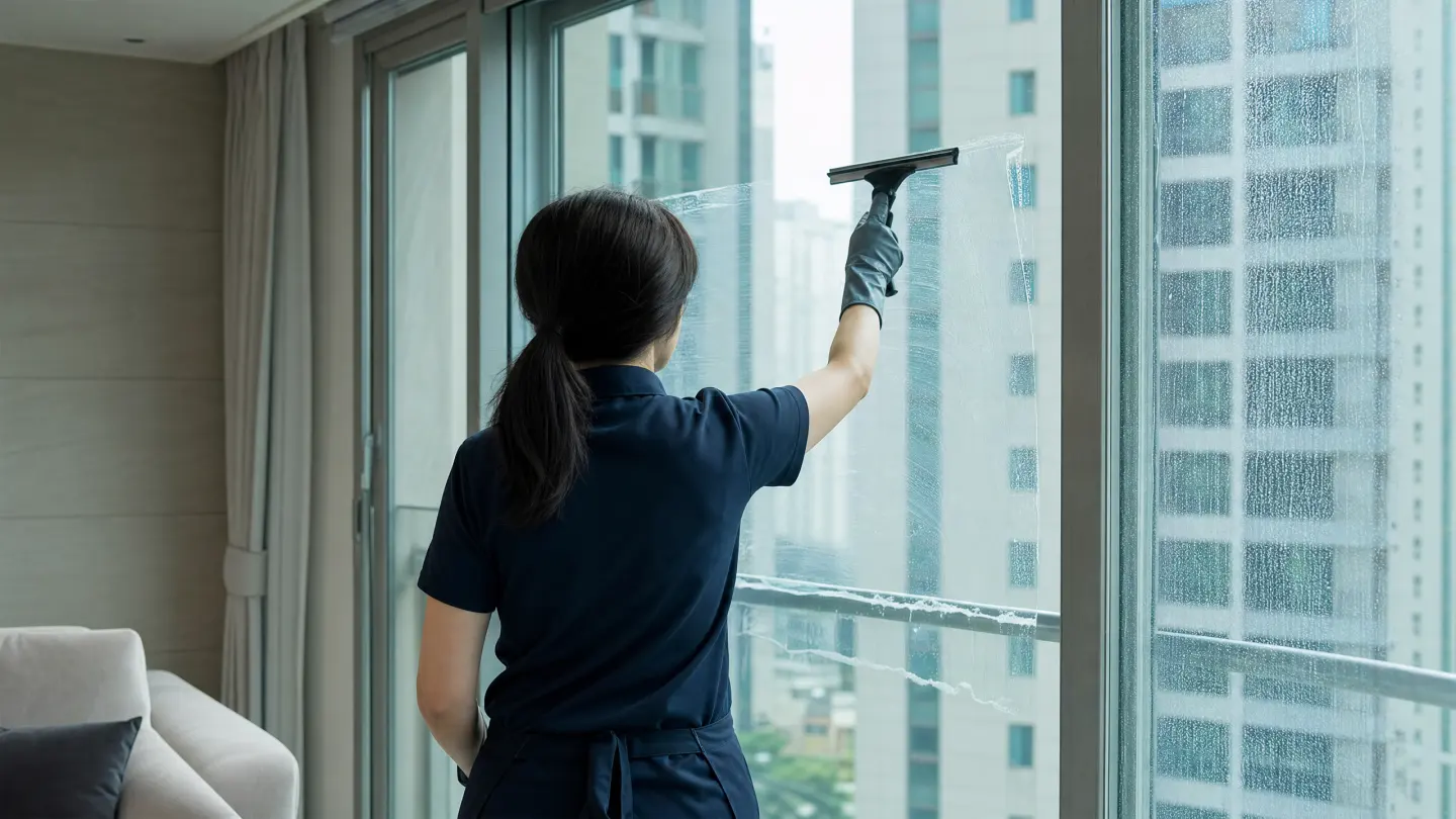 한국 아파트 창문 유리를 스퀴지로 닦는 뒷모습